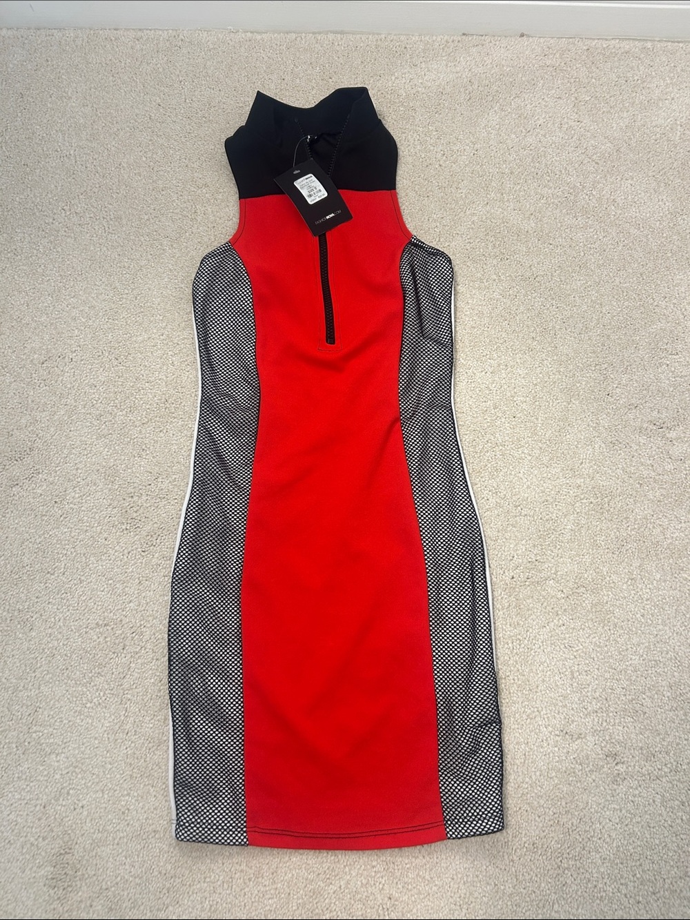 Red & Black Mesh-Trim Mini Bodycon Dress